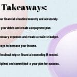 Slide with financial advice titled "Key Takeaways," listing six budgeting tips on a pastel background.