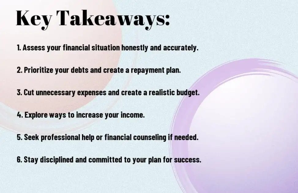 Slide with financial advice titled "Key Takeaways," listing six budgeting tips on a pastel background.