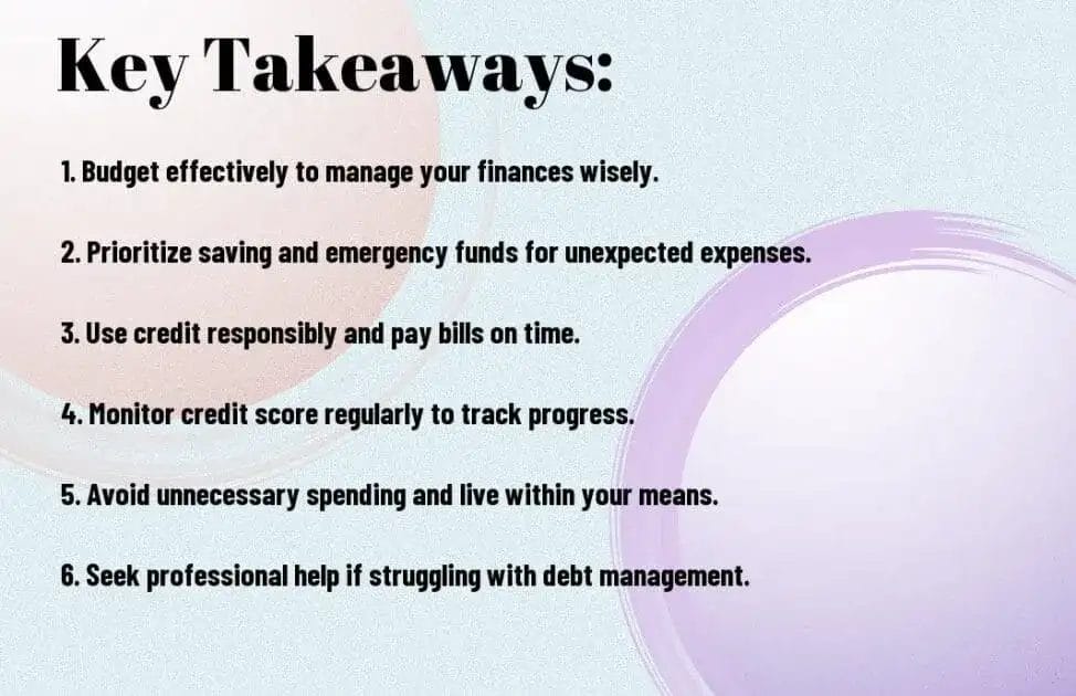 Slide with six financial tips titled "Key Takeaways" on a pastel background.