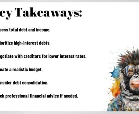Illustration of a monkey astronaut next to a list of key takeaways for managing debt.