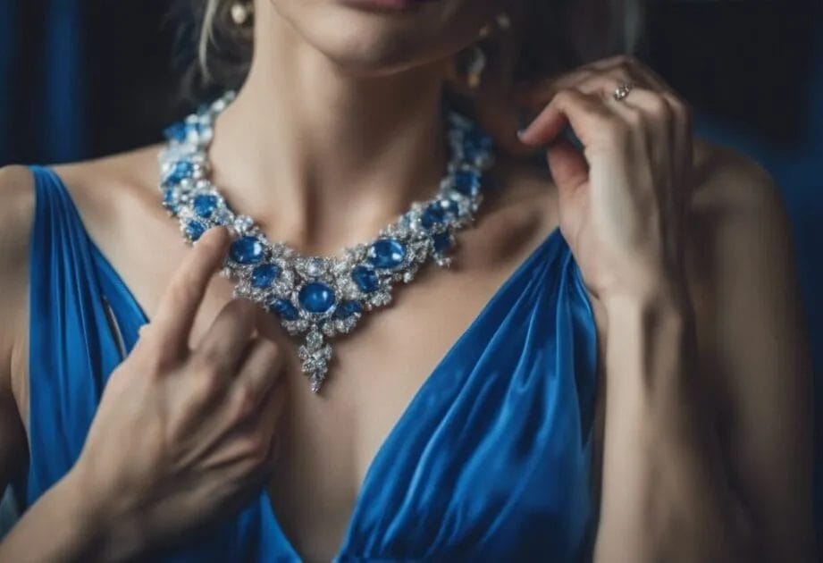 Woman in a blue dress wearing an elaborate gemstone necklace.
