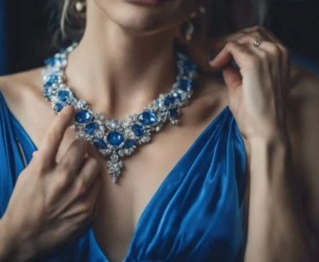 Woman in a blue dress wearing an elaborate gemstone necklace.