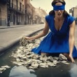Blindfolded woman in blue dress sitting amidst scattered money, symbolizing investment mistakes.