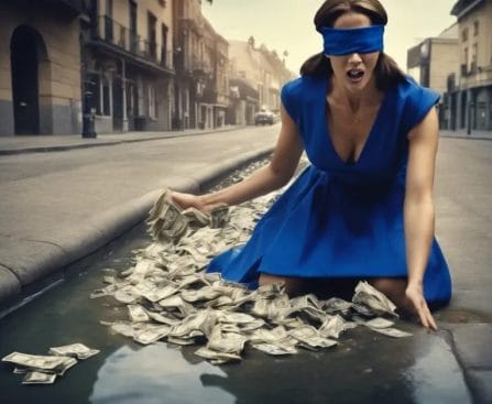 Blindfolded woman in blue dress sitting amidst scattered money, symbolizing investment mistakes.