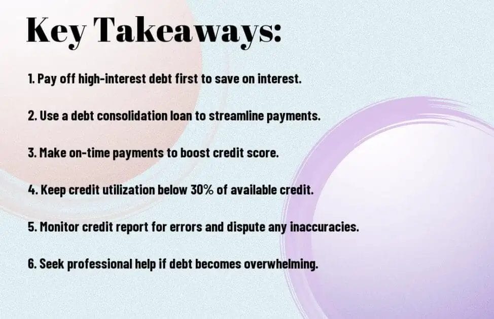 Slide with financial tips titled "Key Takeaways" including debt repayment and credit score advice.