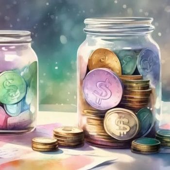 Illustration of two jars filled with colorful coins resembling savings, with a whimsical, shimmering background.
