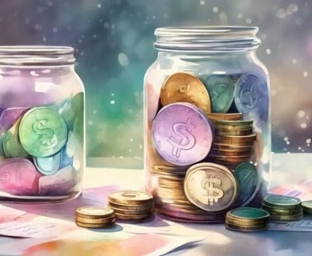 Illustration of two jars filled with colorful coins resembling savings, with a whimsical, shimmering background.
