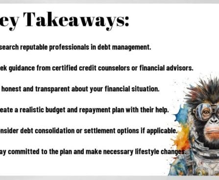 Illustration of a monkey astronaut next to a list of six key takeaways for debt management.