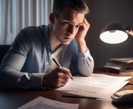 Focused man working on paperwork under desk lamp at night.