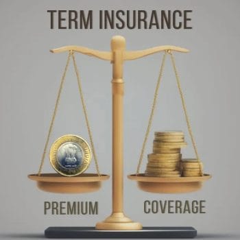 A balanced scale comparing term insurance premium represented by a silver coin on one side and coverage represented by stacked golden coins on the other side, illustrating the trade-off between premium costs and coverage benefits in term insurance policies