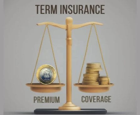 A balanced scale comparing term insurance premium represented by a silver coin on one side and coverage represented by stacked golden coins on the other side, illustrating the trade-off between premium costs and coverage benefits in term insurance policies