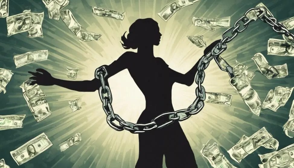 Silhouette of a person breaking free from chains with dollar bills flying around.