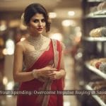 Elegant woman in red saree and gold jewelry next to a shelf of bangles with a financial advice caption.