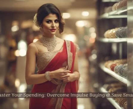 Elegant woman in red saree and gold jewelry next to a shelf of bangles with a financial advice caption.