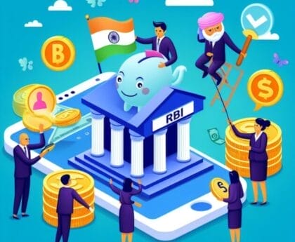 Illustration of stylized characters engaging with a building labeled 'RBI' surrounded by financial symbols.