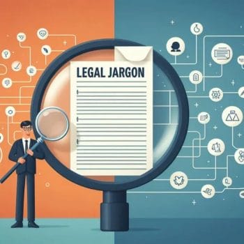 Illustration of a man examining a document titled 'LEGAL JARGON' under a magnifying glass with legal icons.