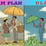 Illustration contrasting TERM PLAN and ULIP with two sets of characters under umbrellas.