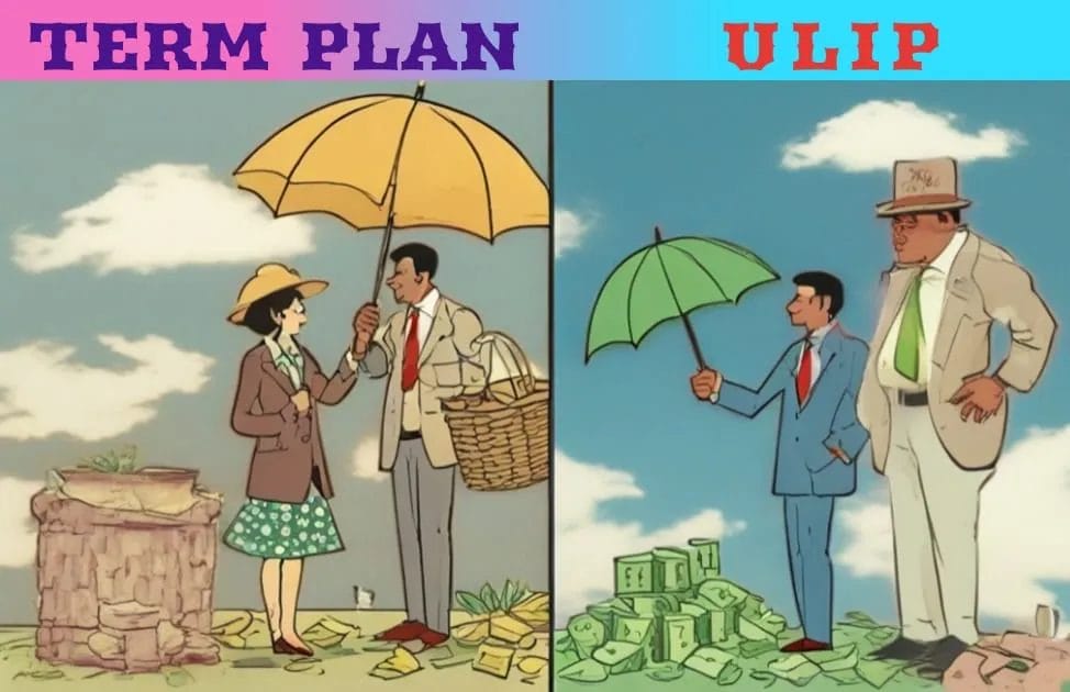 Illustration contrasting TERM PLAN and ULIP with two sets of characters under umbrellas.