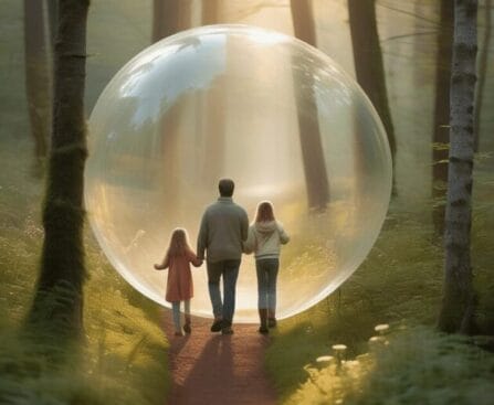 A family protected by a symbolic shield bubble walks through a sunrise-lit, misty forest, embodying security.